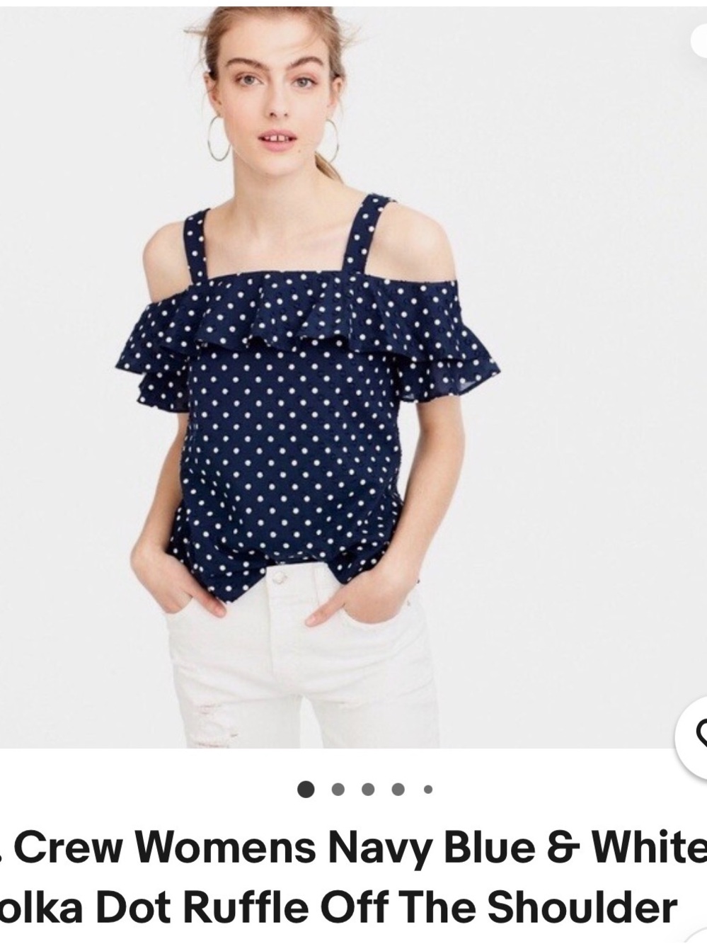 J. Crew Navy and White Polka Dot Off-Shoulder Ruffle Top size 00